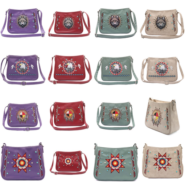 Purse Embroidered Design Eagle/Wolf/Star/Bear/Buffalo Skull/Medicine Wheel Assorted Colors (Pack of 3)