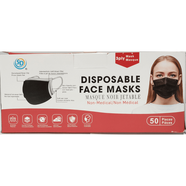 3-Ply Disposable Face Masks - BLACK Non-Medical (Box of 50)